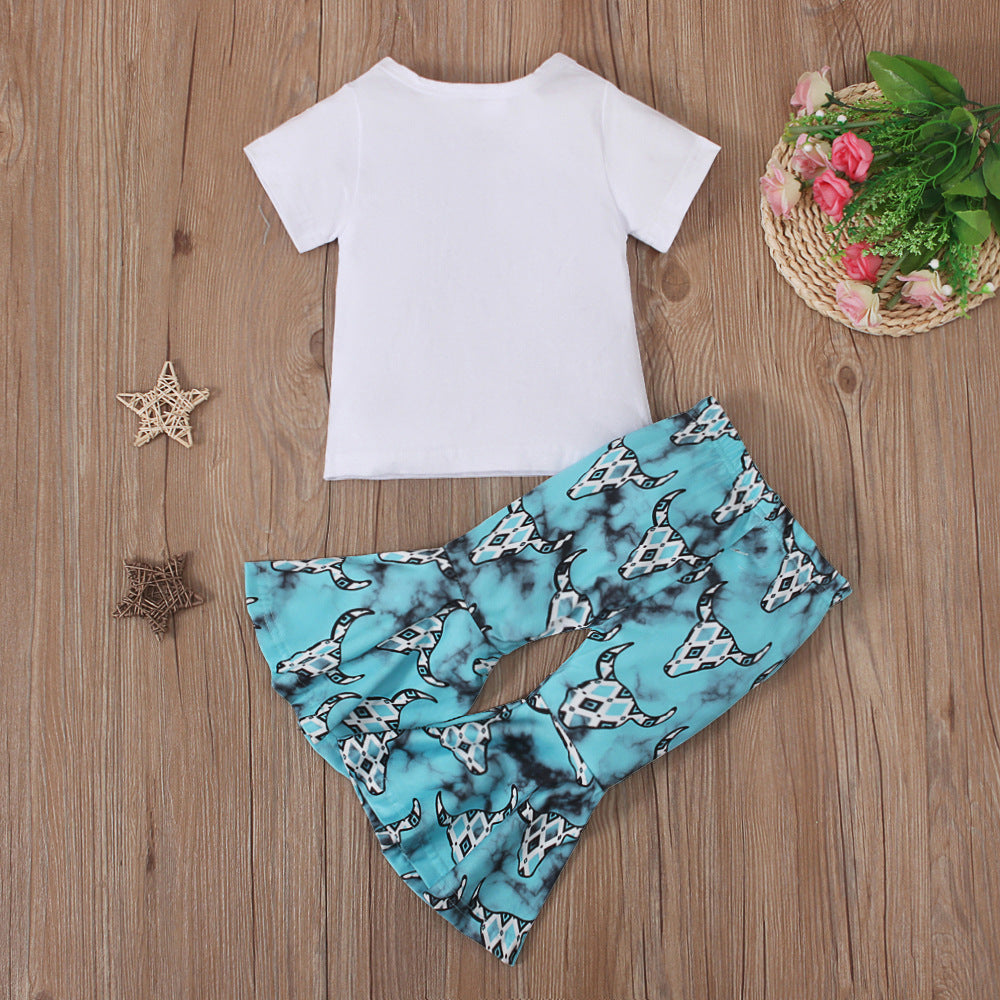 Wholesale Children's Western Style Turquoise Printed Short Sleeve Bell Bottoms Two Piece Set